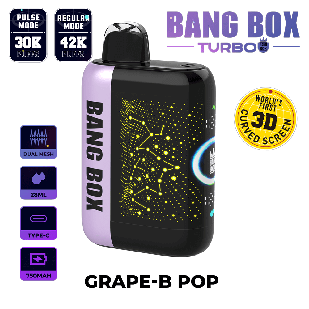 Grape-B Pop Bang Box Turbo vape with a purple panel, black body, circuit-dot design, and a top mouthpiece.