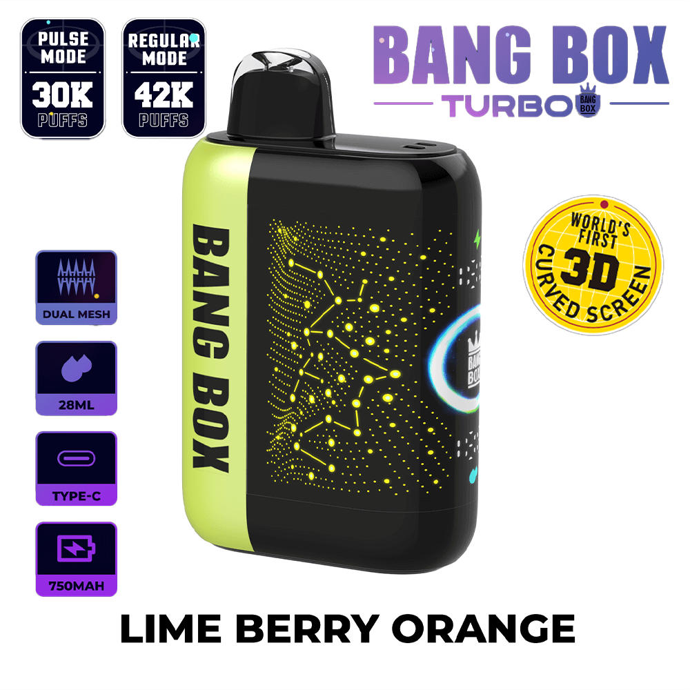 Bang Box Turbo disposable vape in Lime Berry Orange with lime-green and black body and dotted circuit design.