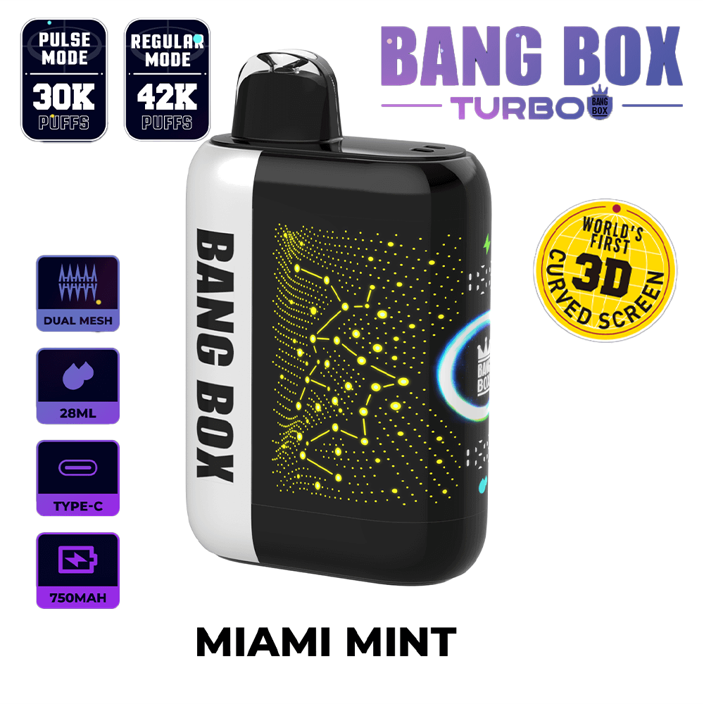 Bang Box Turbo Miami Mint disposable vape with black-white body, circuit pattern, 28ml, Type-C, 750mAh, 3D curved screen