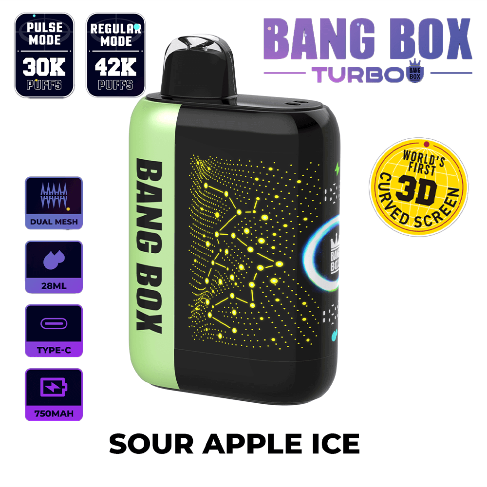 Bang Box Turbo Sour Apple Ice disposable vape with lime-green side panel, black body, dotted circuit design, and top mouthpiece.