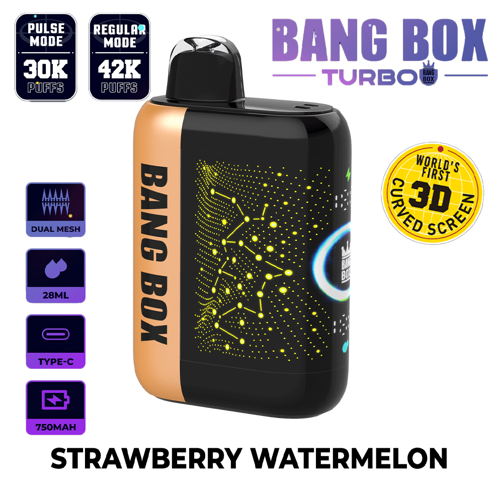 Bang Box Turbo vape device, black and copper with circuit-dot pattern, Strawberry Watermelon flavor.