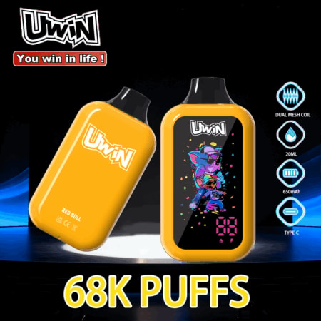Two yellow Uwin vape devices, one with a colorful cartoon display and the other showing the Uwin logo.