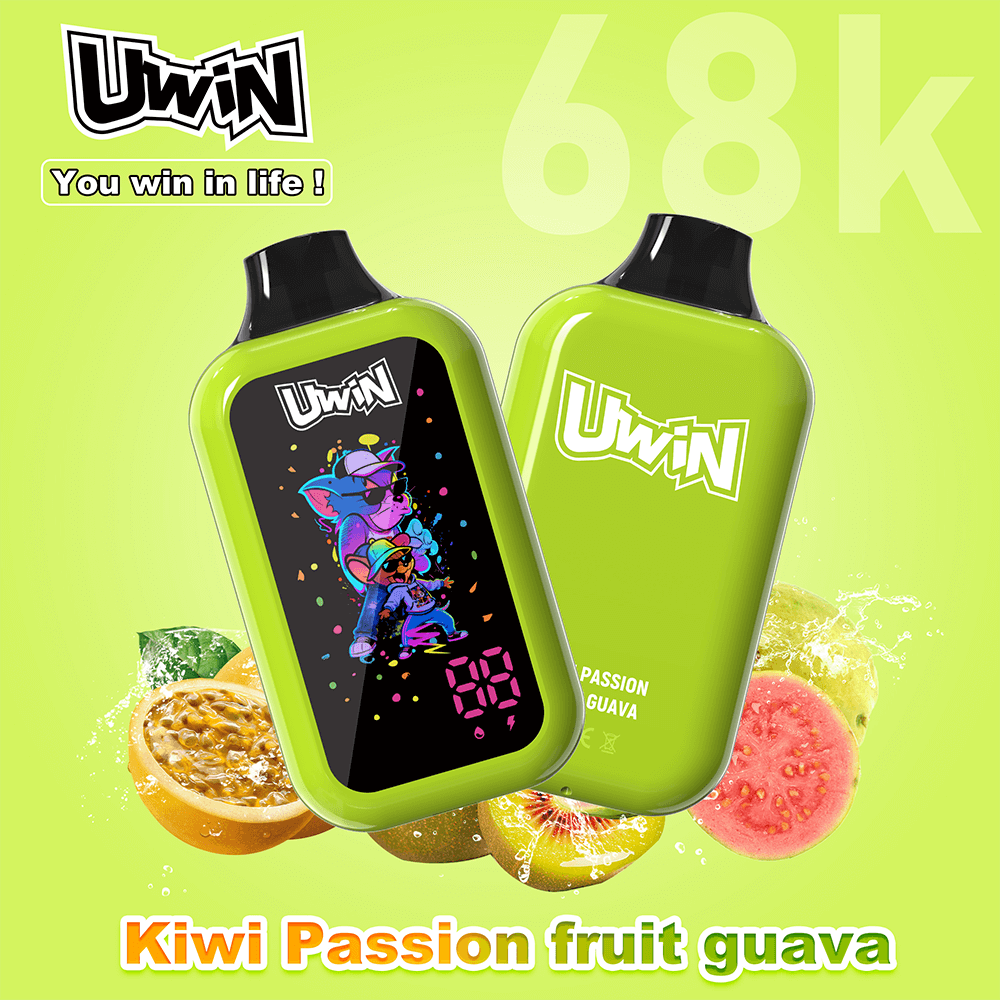 Two lime-green UWIN vape bottles, one front-facing with a colorful cartoon display, flavor Kiwi Passion Fruit Guava, with fruit halves in the background.