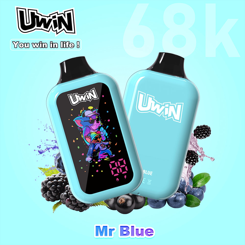 Two turquoise UWIN vape devices with black mouthpieces, one showing colorful artwork, set against a blue background with berries.