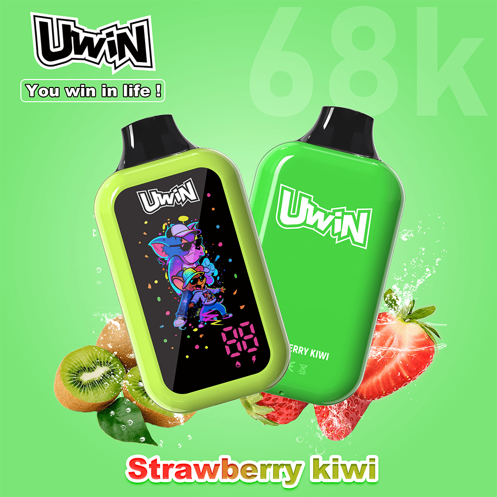 Two lime-green UWIN devices, one with a colorful cartoon on its screen, set against a strawberry-kiwi fruit background.