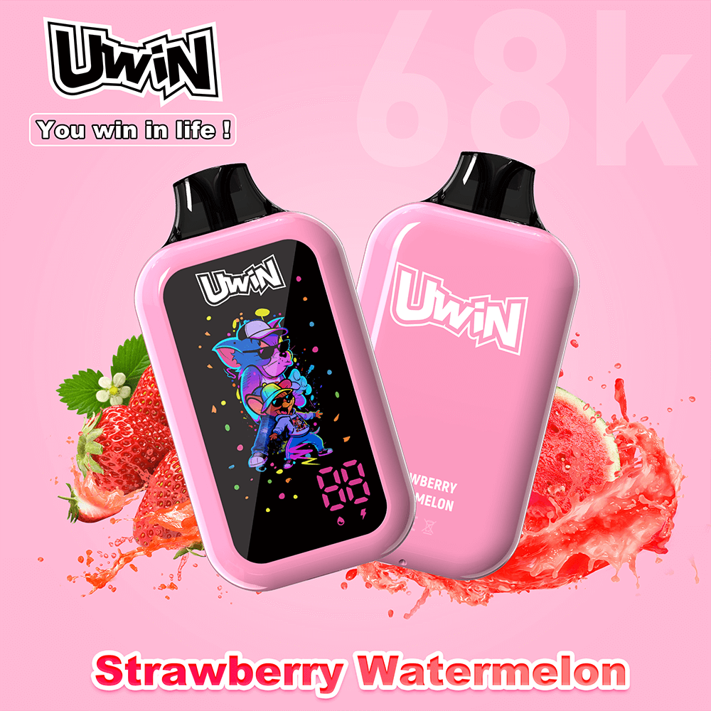 Two pink UWIN bottles with black caps on a pink background; front bottle shows a colorful cartoon, with strawberry and watermelon graphics.