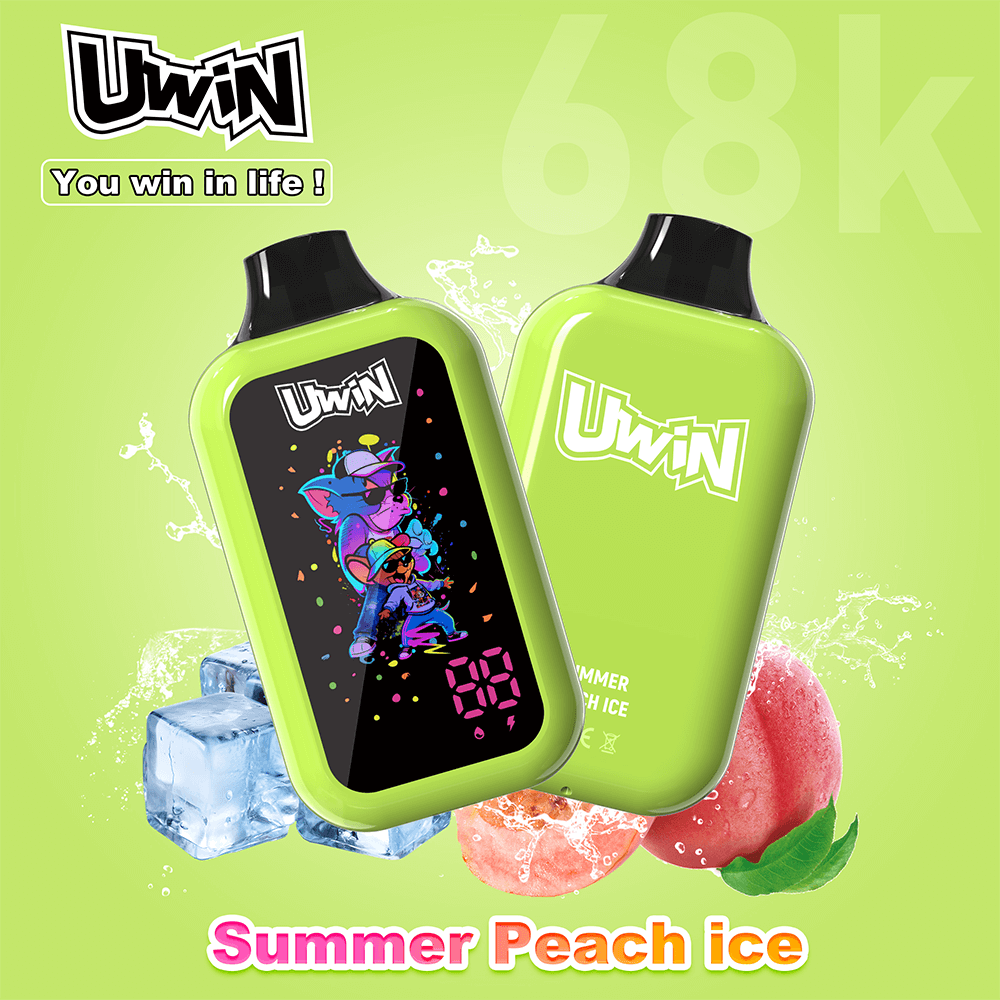 Two lime-green UWIN devices with black caps; front device shows a colorful cartoon on its screen, with peach ice flavor and ice cubes nearby.