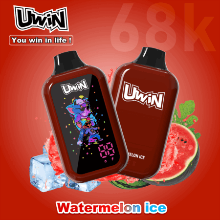 Two red UWIN bottles, one with colorful cartoon artwork and the other with the UWIN logo, amid watermelon slices and ice for Watermelon Ice.