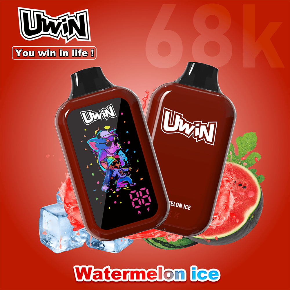 Two red UWIN bottles, one with colorful cartoon artwork and the other with the UWIN logo, amid watermelon slices and ice for Watermelon Ice.