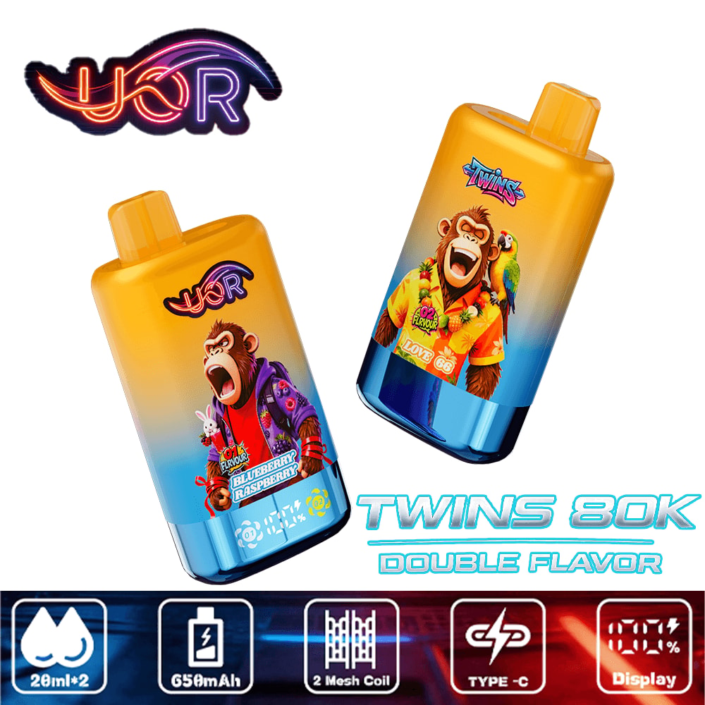 Two colorful vape bottles with tropical gradient colors, featuring gorilla characters and a parrot, branded UOR with Twins 80K Double Flavor.