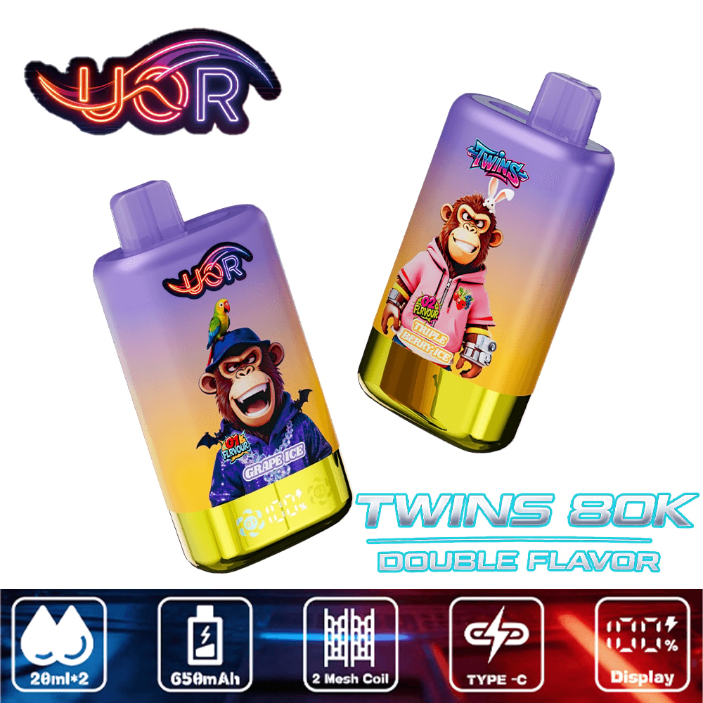 Two purple gradient bottles with monkey characters and the Twins 80K Double Flavor branding, plus a neon YOR logo.
