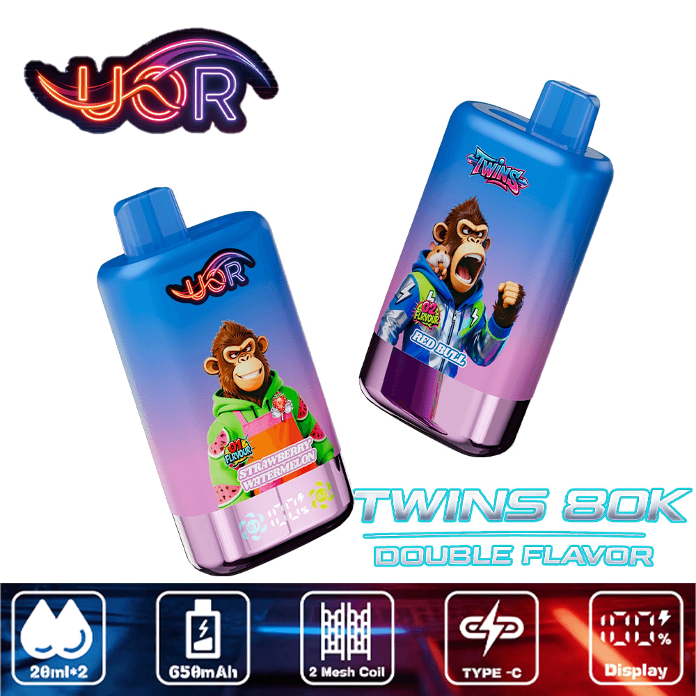Two blue gradient vape bottles featuring cartoon monkey characters, labeled Strawberry Watermelon and Red Bull flavors.