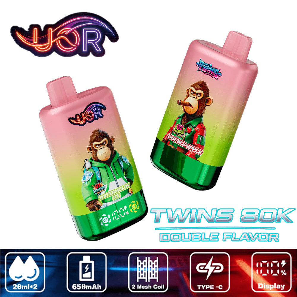 Two pink-green gradient disposable vape bottles with a cartoon monkey and "Twins 80K Double Flavor" branding.