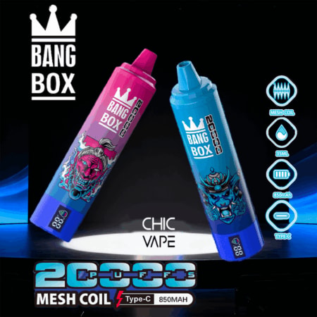 Two Bang Box Chic Vape disposable pens in pink and blue with crown logos, tilted on a dark background; highlights mesh coil, 35 ml, 850 mAh, and Type-C.