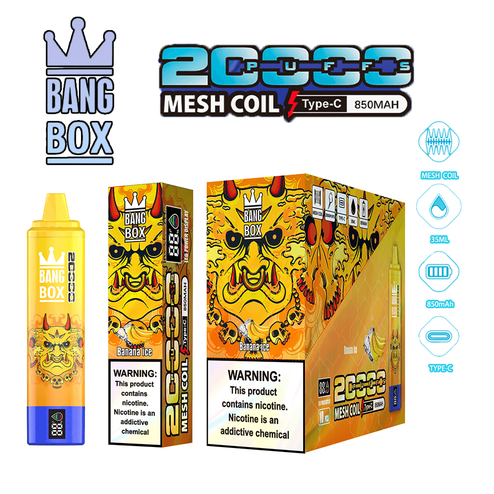 Bang Box 2000s Mesh Coil Type-C vape kit with 850mAh, banana ice flavor, shown with a yellow bottle and two bright boxes.
