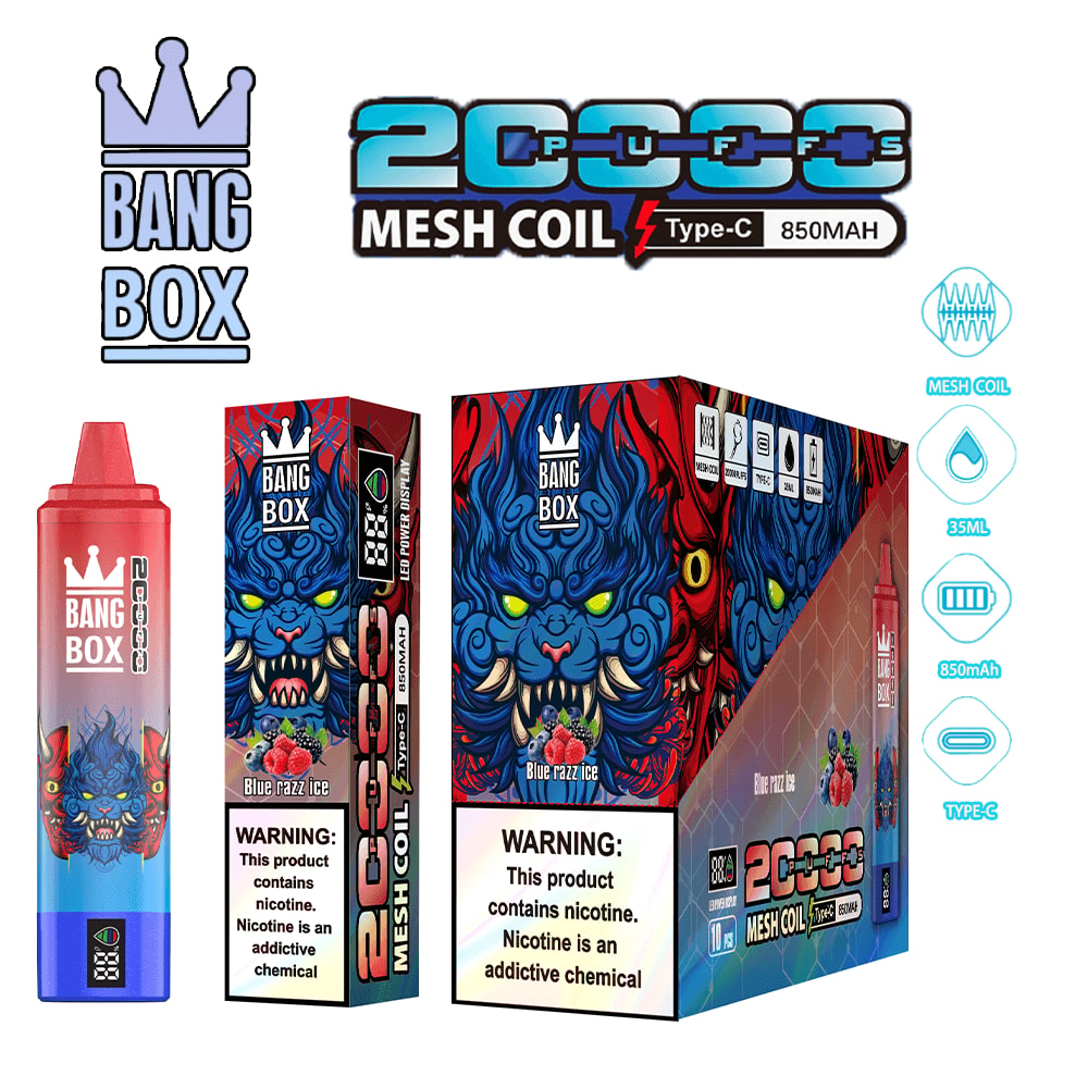 Bang Box vape kit with blue and red dragon artwork, 850mAh Type-C mesh coil, bottle labeled Blue Raz Ice.