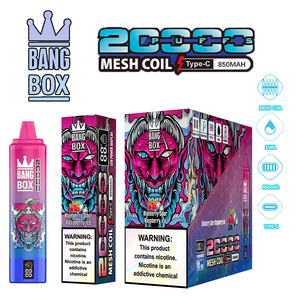 Bright Bang Box vape kit with pink bottle and boxed artwork featuring a blue demon face.