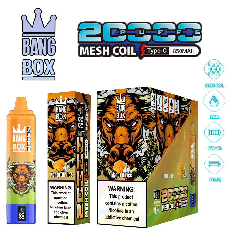 Bang Box Mango On Ice vape kit with orange bottle and two lion-art boxes, featuring mesh coil, Type-C charging and 850mAh battery.