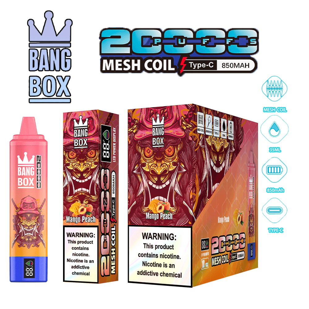 Bang Box Mango Peach vape kit with pink disposable pod and bold mask artwork; shows mesh coil, Type-C, 850mAh, and 35ml icons.
