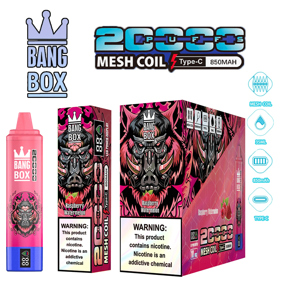 Bang Box 2000s Mesh Coil vape kit with raspberry watermelon flavor, pink bottle, and bold graphic box art.