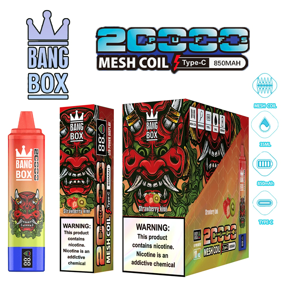 Bang Box vape kit with 2000s Mesh Coil, Type-C, 850mAh; two flavor boxes (Strawberry Kiwi) with demon-mask artwork.