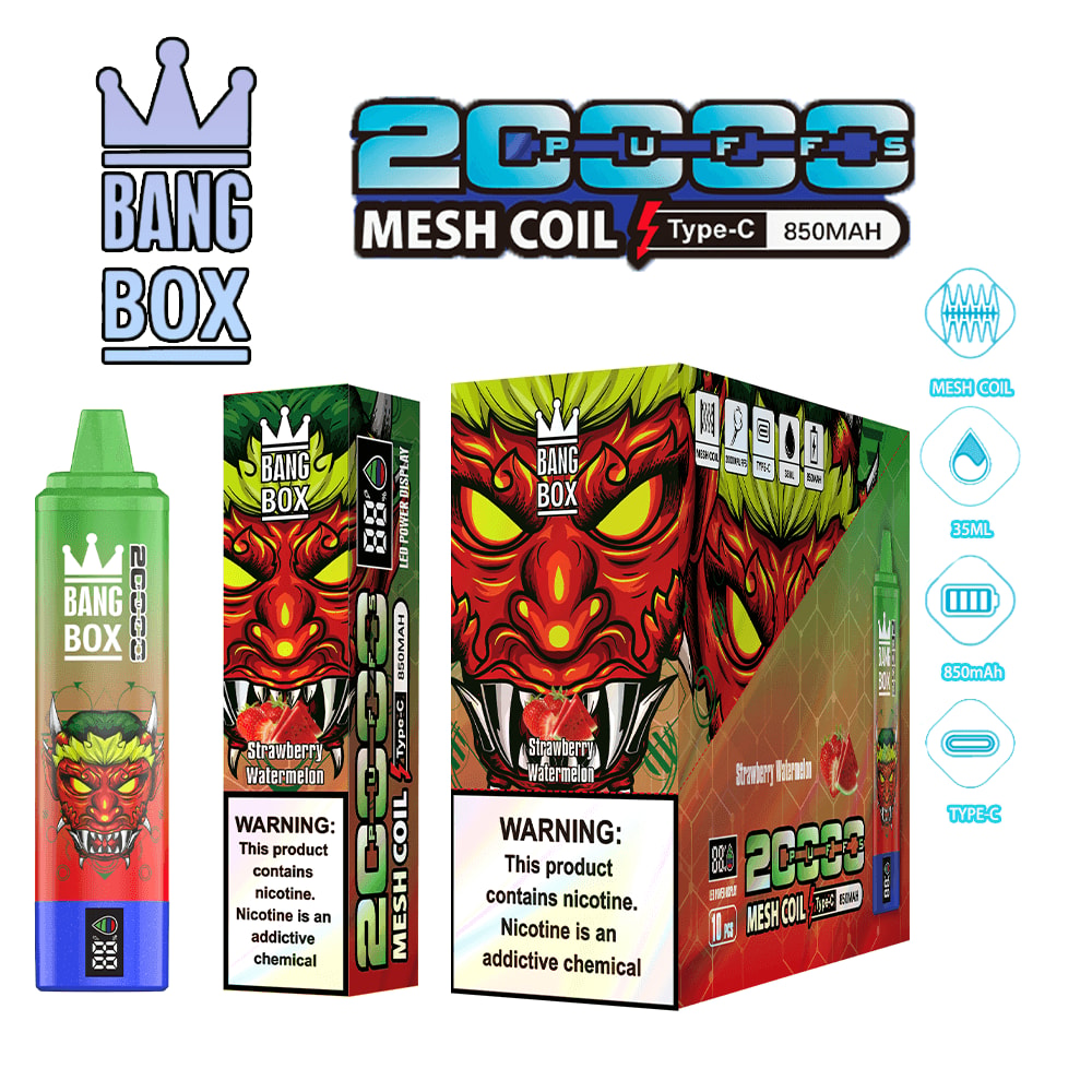 Bang Box vaping set with a green disposable and red demon-face boxes, Strawberry Watermelon flavor, mesh coil Type-C 850mAh.