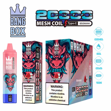 Bang Box mesh coil vape kit with Type-C 850mAh, watermelon ice flavor, pink pod, and dragon-themed packaging.