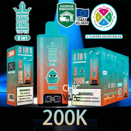 Bang King Vapen 8 en 1 botellas de e-líquido de 200.000 en envases coloridos, con etiqueta “200K” y cuadro de advertencia, sobre un fondo oscuro.