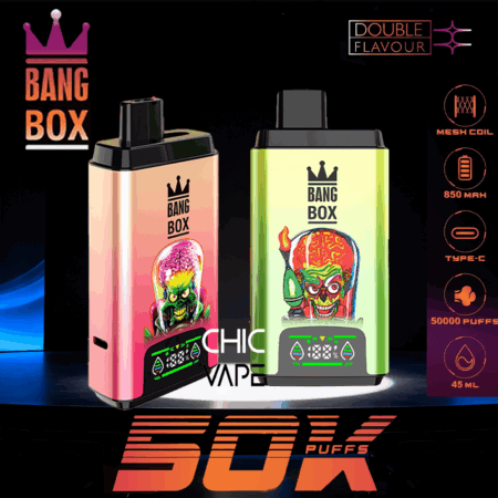 Due colorati dispositivi di vaporizzazione Bang Box siedono fianco a fianco su uno sfondo scuro, uno rosa con l'illustrazione di un teschio verde e l'altro verde lime con la grafica di un cervello rosso, entrambi etichettati Bang Box. La confezione evidenzia le caratteristiche a destra, tra cui 850 mAh, bobina a rete, Type-C, 50.000 sbuffi e 45 ml.