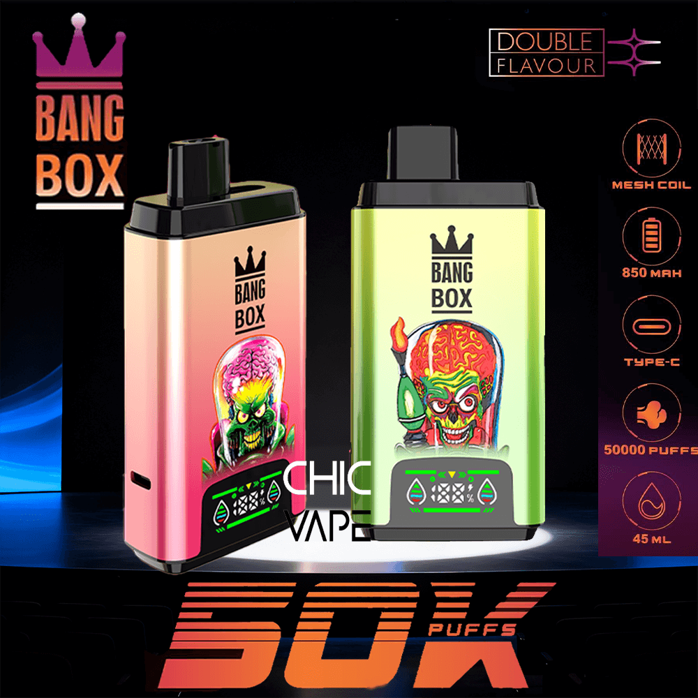 Two colorful Bang Box vape devices sit side by side against a dark background, one pink with a green skull illustration and the other lime green with a red brain graphic, both labeled Bang Box. The packaging highlights features on the right, including 850 mAh, mesh coil, Type-C, 50,000 puffs, and 45 ml.