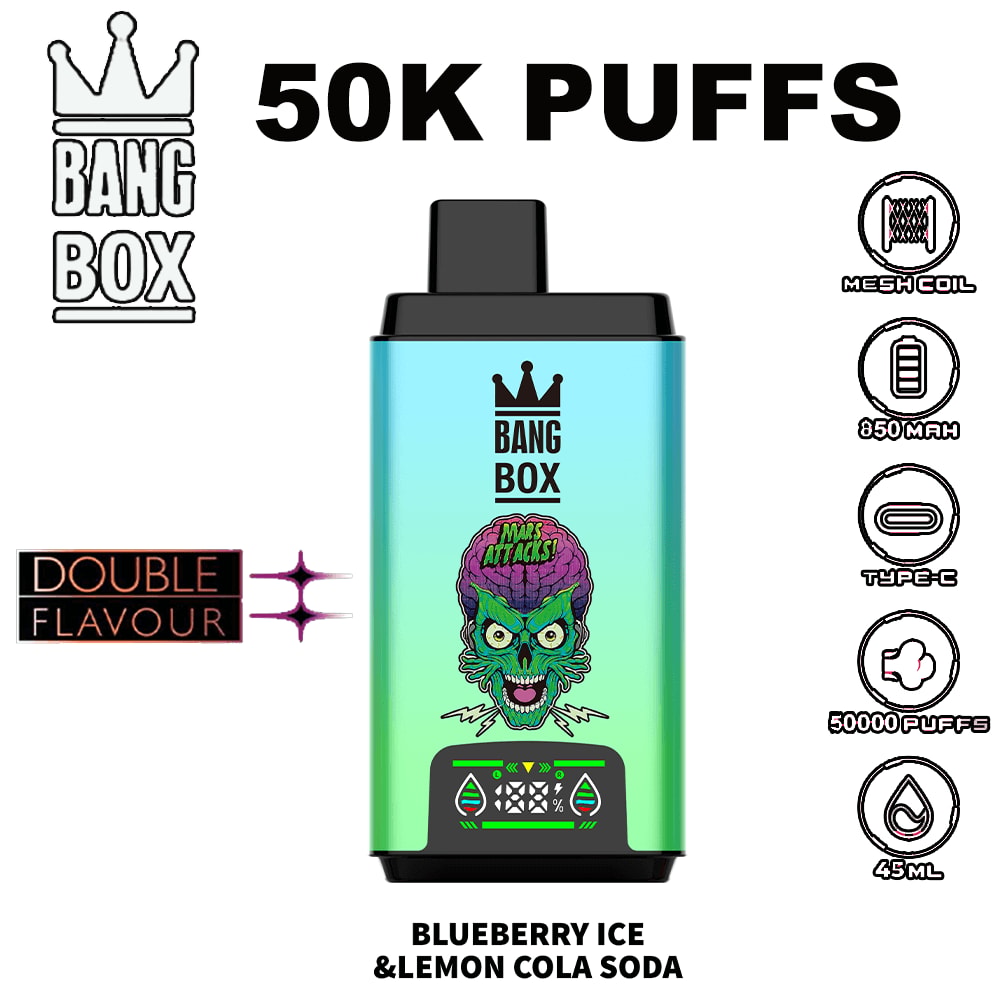Blue-to-green gradient vape device with bold "BANG BOX" logo, skull monster artwork, and control panel; labeled 50K PUFFS, Blueberry Ice & Lemon Cola Soda flavor.