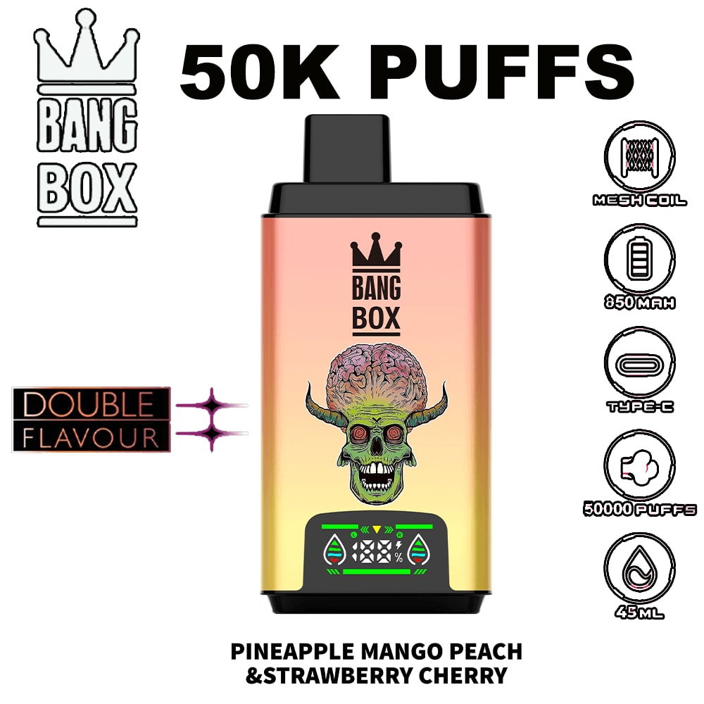50K PUFFS vape device with a gradient peach-to-yellow body, black mouthpiece, skull with brain graphic, and Bang Box branding; Pineapple Mango Peach & Strawberry Cherry flavor.