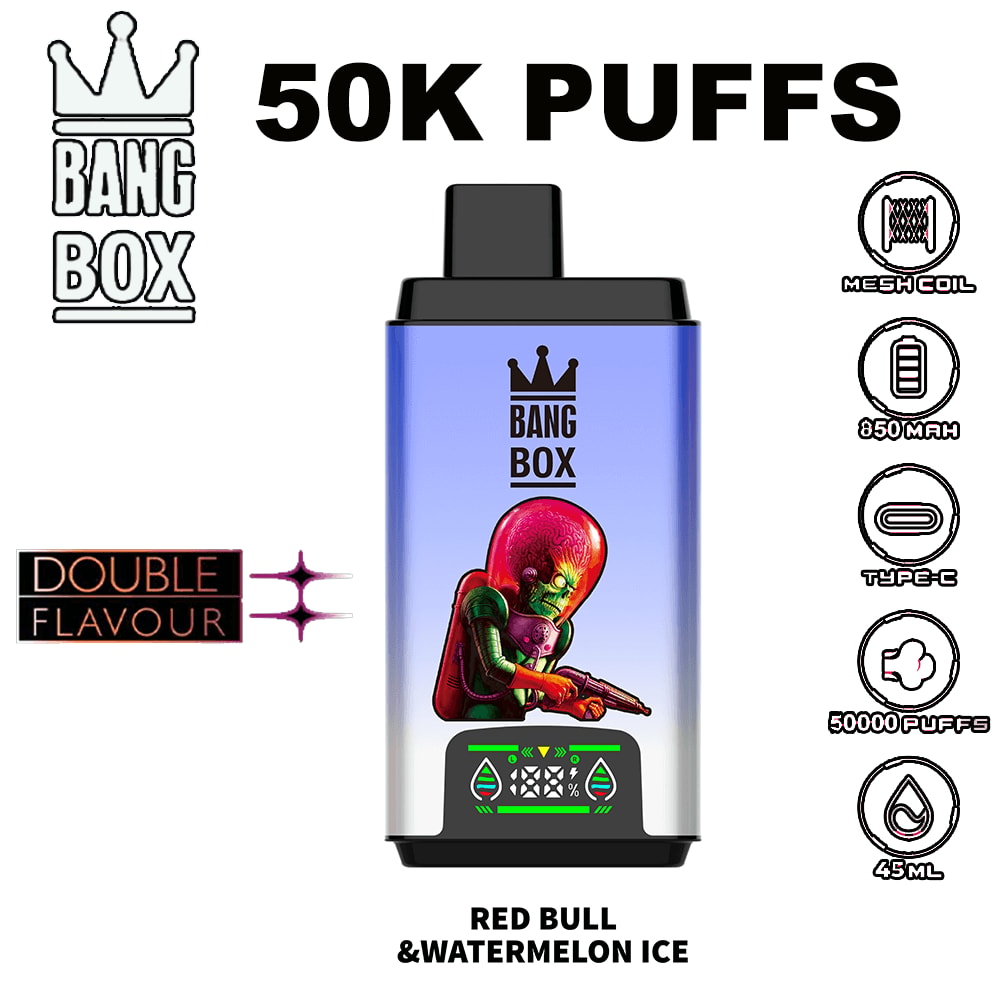 50K Puffs Bang Box disposable vape with blue device featuring alien figure, labeled Red Bull & Watermelon Ice flavor, mesh coil, 650mAh, Type-C, 50000 puffs, 45ml cross symbols on right.