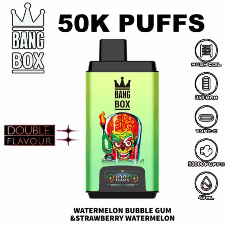 Dispositivo di vaporizzazione Bang Box di grandi dimensioni con grafica del cervello di un'anguria, corpo sfumato verde, bocchino nero; testo 50K PUFFS con icone ed etichetta aromatica Miscela di anguria Double Flavor, bobina da 850 mAh, tipo C, 50000 puff, 45 ml