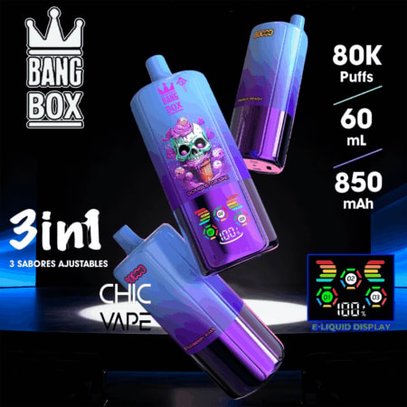 Drei farbenfrohe Vape-Pods mit der Aufschrift „Bang Box“ mit einstellbaren 3-in-1-Geschmacksrichtungen, auffälligen 80.000 Zügen, 60 ml, 850 mAh, glänzenden Farbverlaufsflaschen, Logo und E-Liquid-Display.