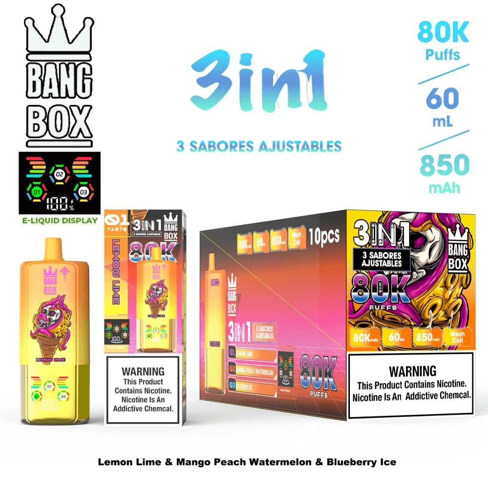 Three-in-One Bang Box display featuring Lemon Lime, Mango Peach Watermelon, and Blueberry Ice flavors with 80K puffs, 60 mL, 850 mAh, e-liquid display and warning labels.