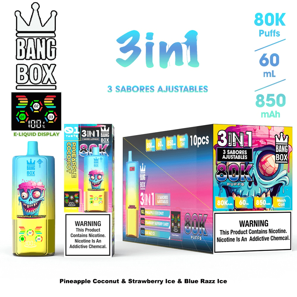 colorful 3D display of Bang Box 3-in-1 vape product line with 80K puff, 60 mL, 850mAh, featuring pineapple coconut and strawberry ice flavors, bright packaging and warning labels
