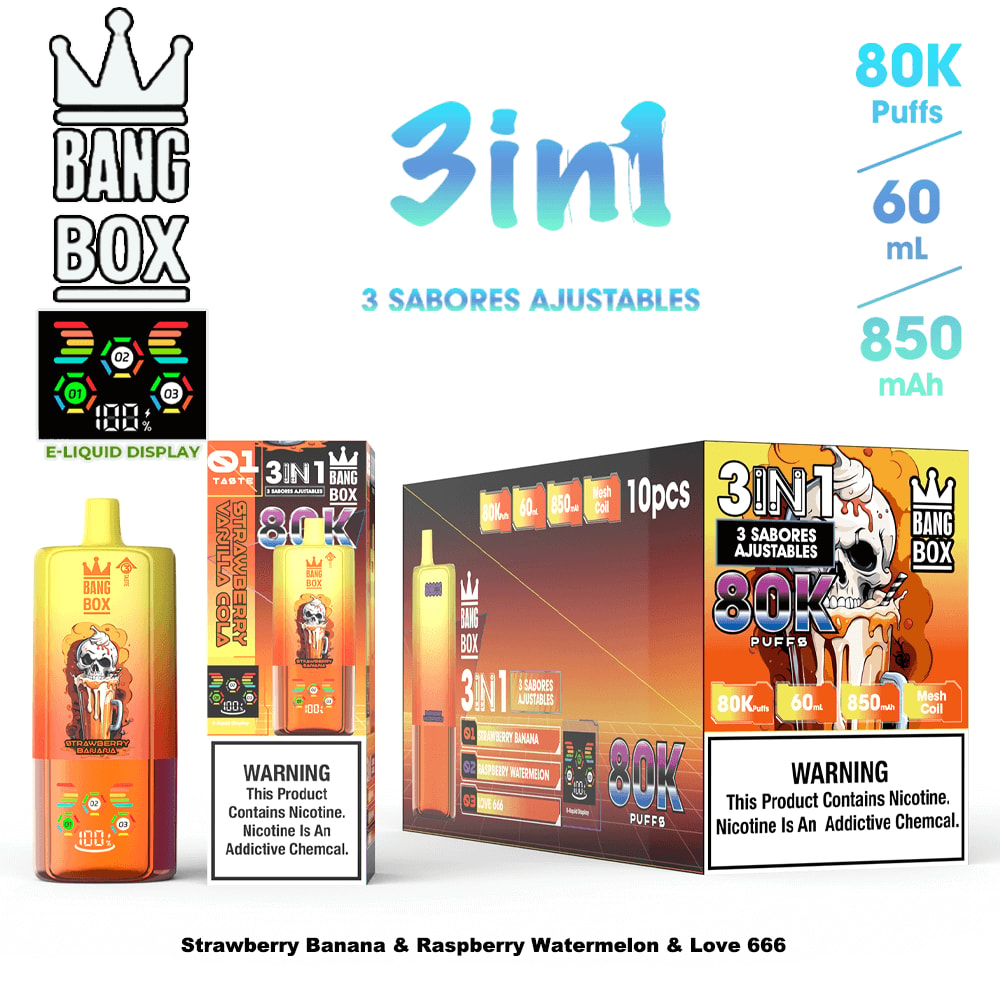 A colorful display of 3-in-1 Bang Box e-liquids with packaging showing “80K Puffs, 60 mL, 850 mAh,” including a bottle and multiple boxes, with warning labels and flavor names Strawberry Banana & Raspberry Watermelon & Love 666.