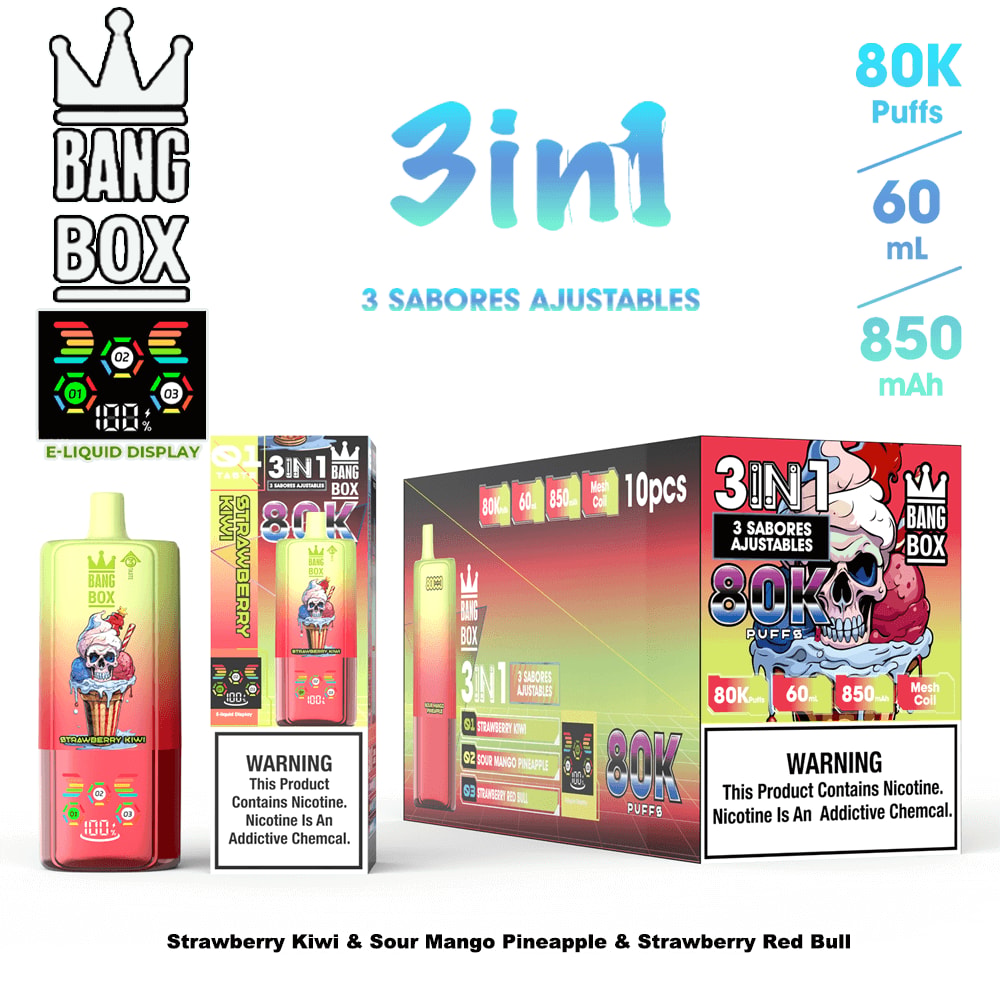 Assorted Bang Box 3-in-1 vape boxes and bottle with colorful tropical flavors, 80K puff, 60 mL, 850 mAh, with warning labels and neon branding, strawberry kiwi and sour mango pineapple flavors.