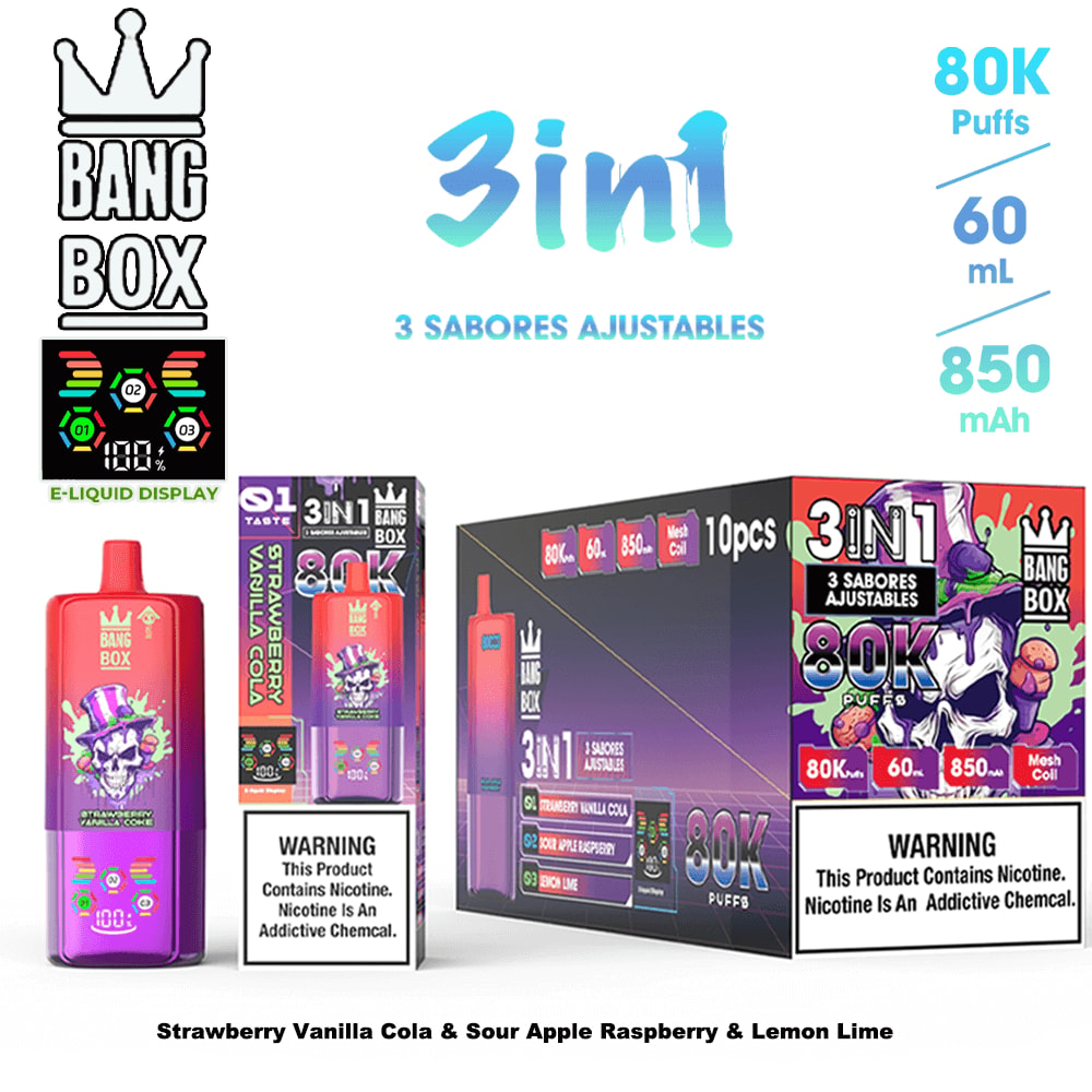 Assorted 3-in-1 vape product display with a purple and pink bottle, colorful packaging, and a large black box set labeled 80K puffs, 60 mL, and 850 mAh; includes “Bang Box” branding and “3 SABORES AJUSTABLES” text.