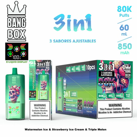 3in1 Bang Box E-Liquid-Display mit grüner Flasche und farbenfroher Verpackung, 80.000 Züge, 60 ml, 850 mAh, mit den Geschmacksrichtungen Wassermeloneneis und Erdbeereis.