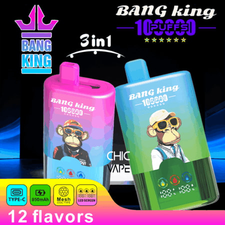 Dispositivos de vapeo desechables 3 en 1 Bang King en degradado rosa y azul con monos, marca colorida y pancarta de “12 sabores” en la parte inferior