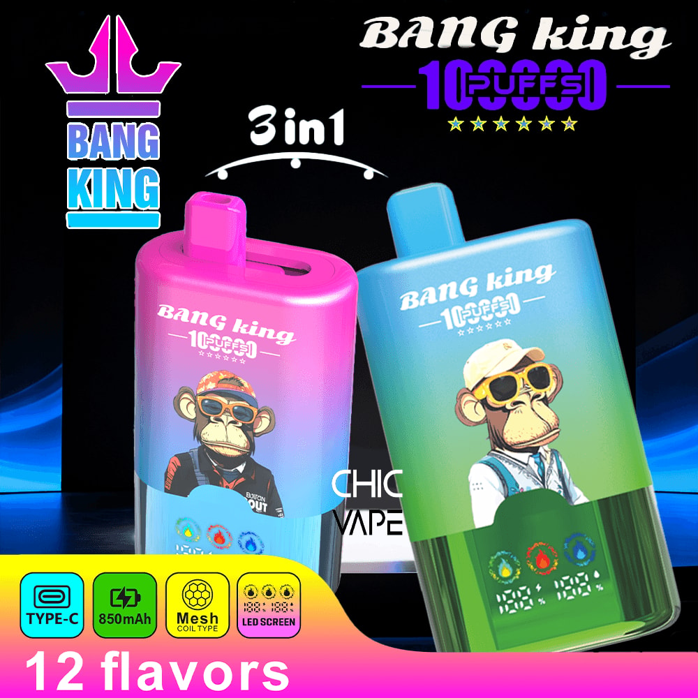 Bang King 3-in-1 disposable vape devices in pink and blue gradient with monkeys, colorful branding, and “12 flavors” banner at bottom
