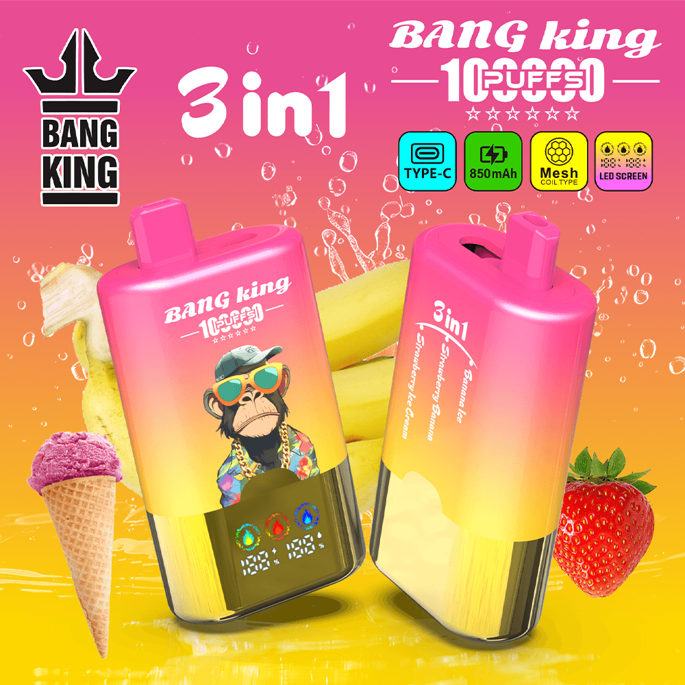 Bright pink-to-yellow gradient backdrop with two pink Bang King 3-in-1 vape devices, one featuring a monkey illustration, ice cream cone, and strawberry; bold white "3 in 1" text and product icons.