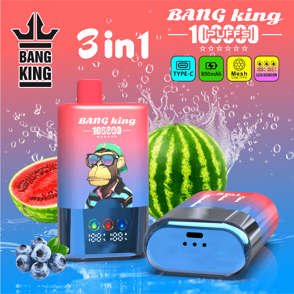 Bright pink-to-blue gradient background with a large vape device labeled Bang King 3in1, watermelons, watermelon slices, blueberries, and a blue pod; colorful icons and text highlighting features.