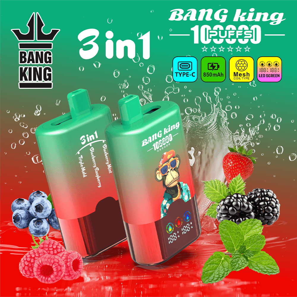 Bright green and red Bang King 3-in-1 juice pouches with berries (blueberries, raspberries, strawberries, blackberries) and mint leaves, splashing water background and logo.