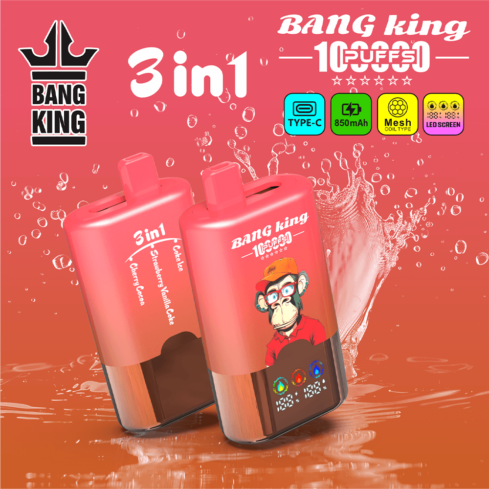 Two pink Bang King 3-in-1 vape devices tilted together with water splashes in the background; branding and colorful icons at top right.