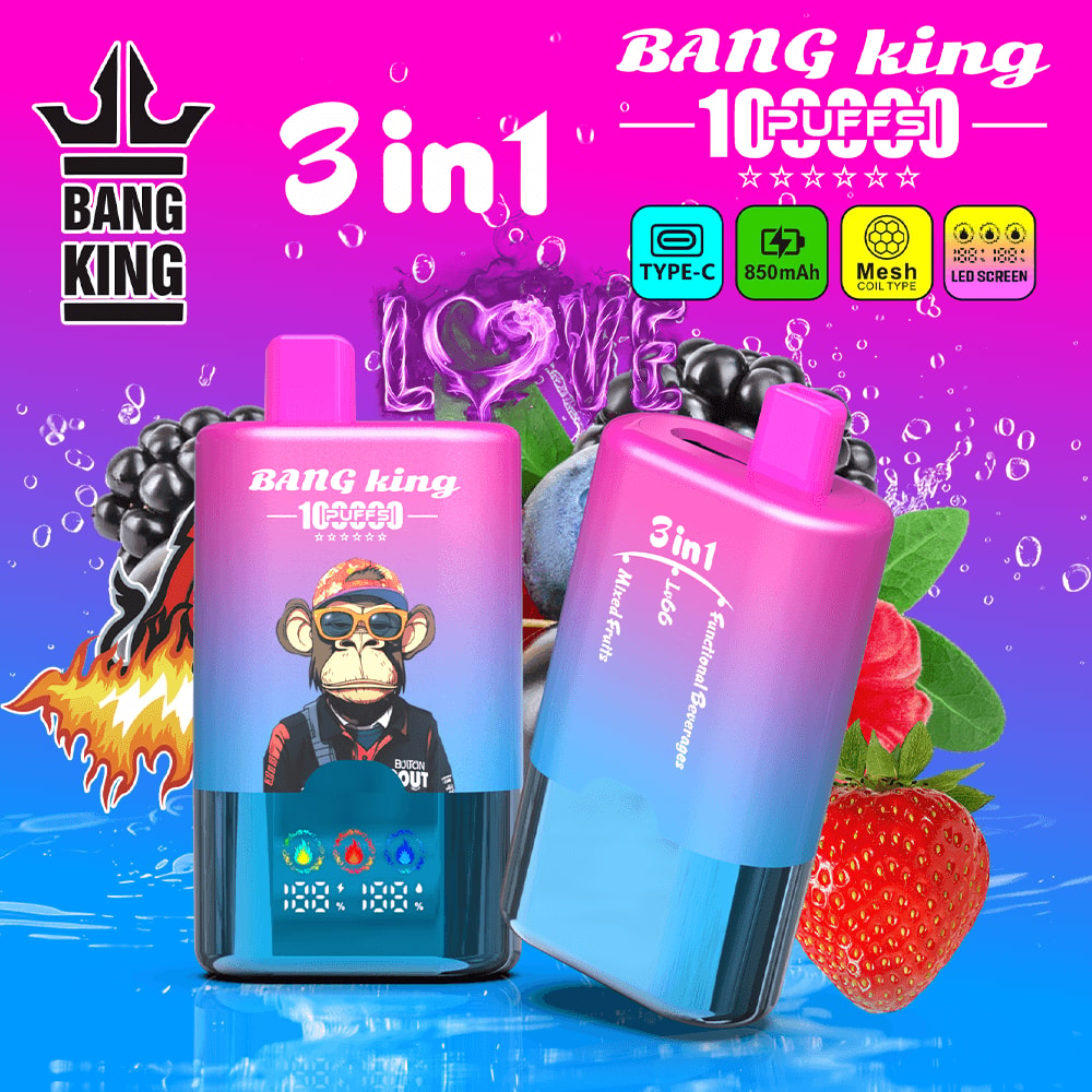 Bright pink-to-blue gradient background with two pink-and-blue 3-in-1 BANG KING vape devices, branding logos, and fruit graphics (strawberries, grapes, and leaves) with water splash elements.
