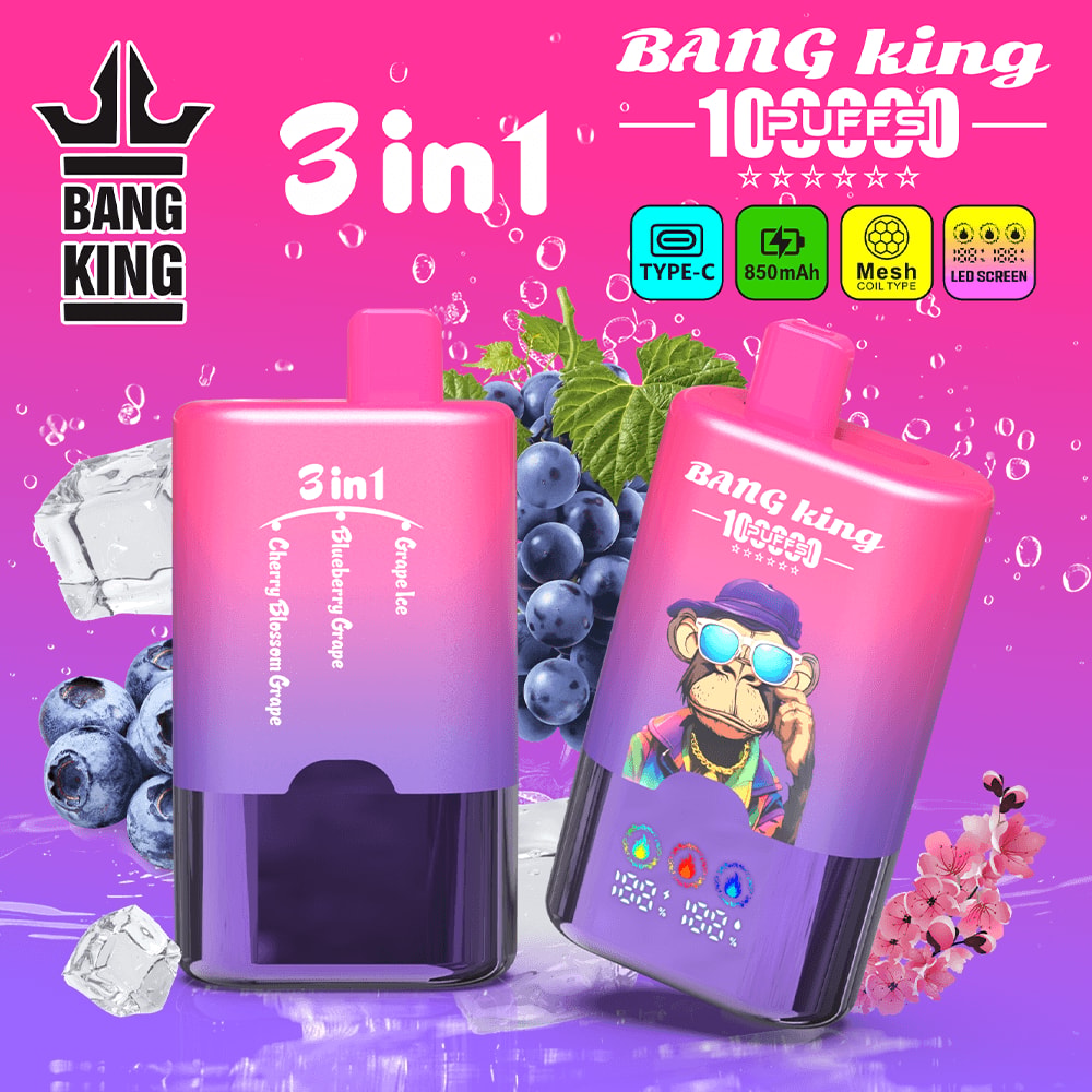Bright pink to purple gradient vape liquid bottles labeled Bang King 3in1 with a monkey wearing sunglasses, fruit graphics, and icons.
