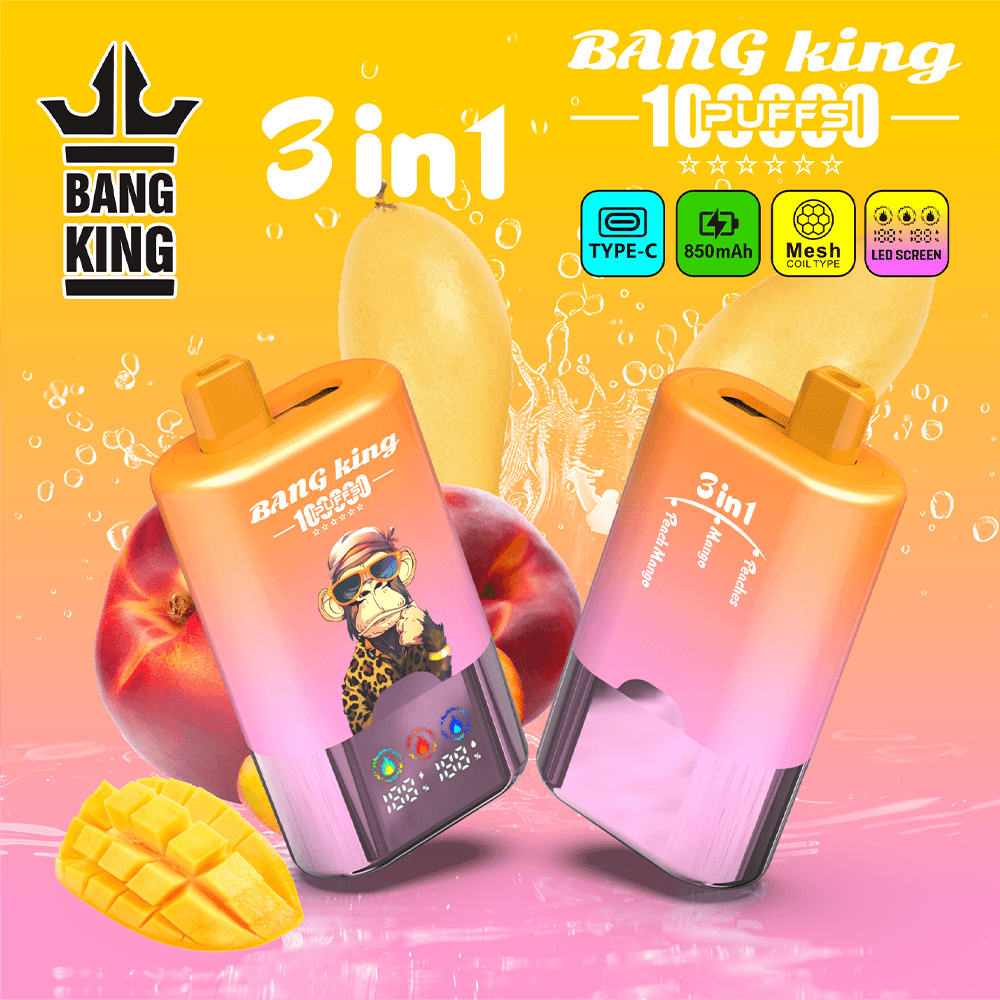 Bright yellow-pink gradient background with two Bang King 3in1 vape devices, mango artwork, and a sliced mango; brand logo left, “3in1” text and colorful icons top right.